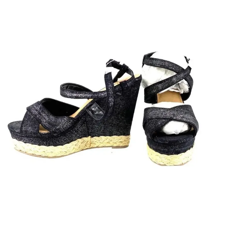 JustFab metallic black canvas cross strap platform wedges braided buckle. Sz 9